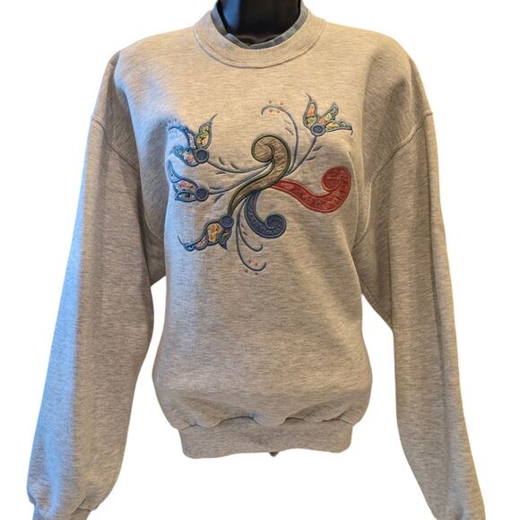 Vintage Jerzees Sweatshirt Women Large Embroidered Floral Pullover Retro 90s - Picture 2 of 15